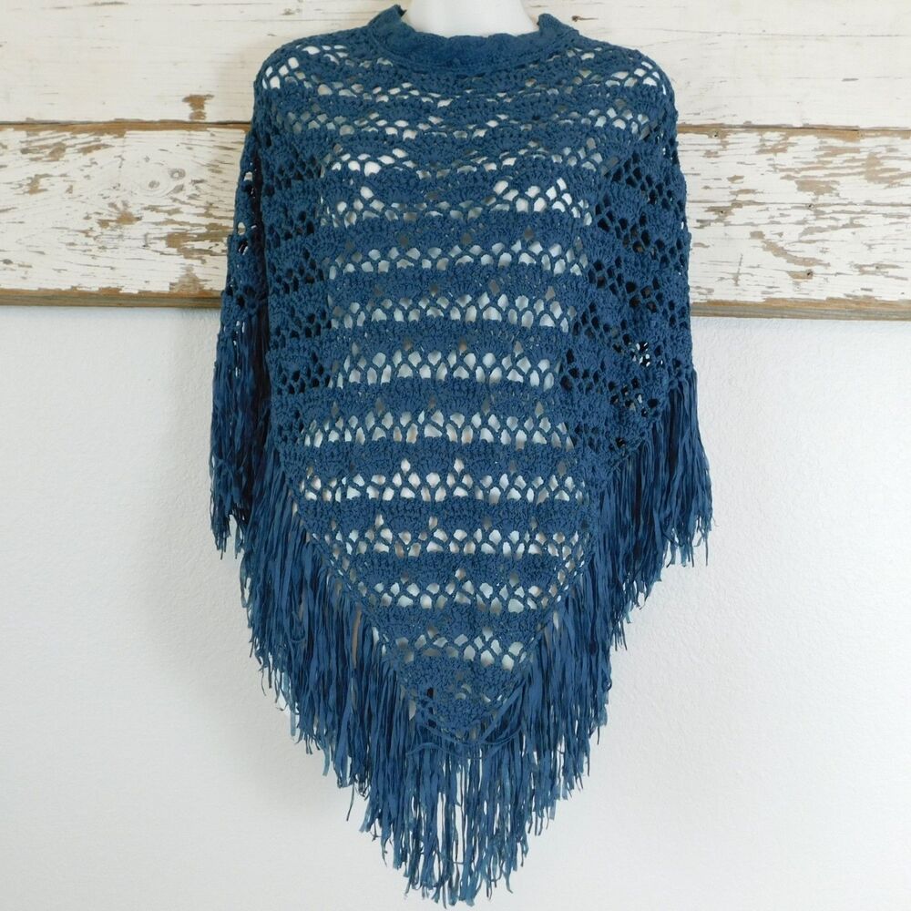 Cejon Poncho Sweater Blue Crochet Fringe Open Knit Cape Boho One Size, NWT NEW